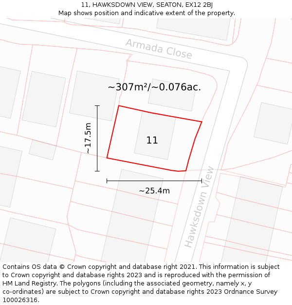 11, HAWKSDOWN VIEW, SEATON, EX12 2BJ: Plot and title map