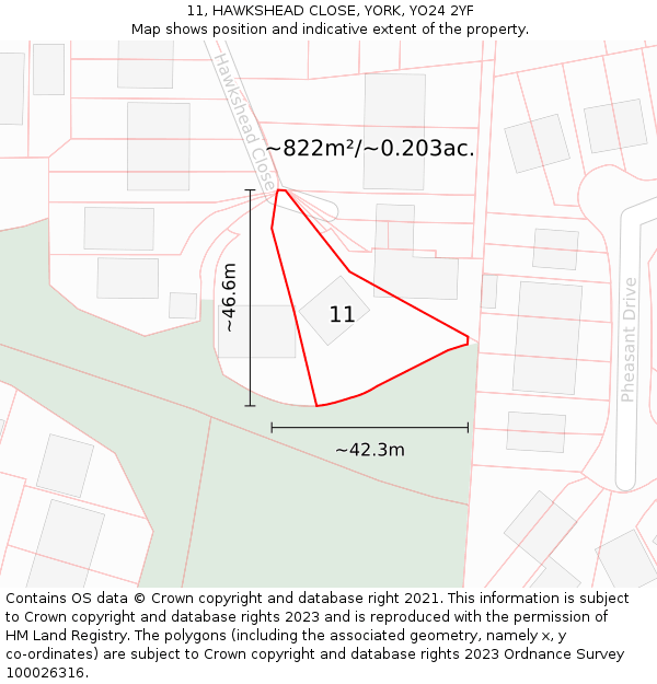 11, HAWKSHEAD CLOSE, YORK, YO24 2YF: Plot and title map