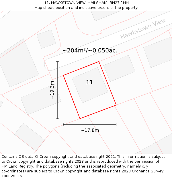 11, HAWKSTOWN VIEW, HAILSHAM, BN27 1HH: Plot and title map
