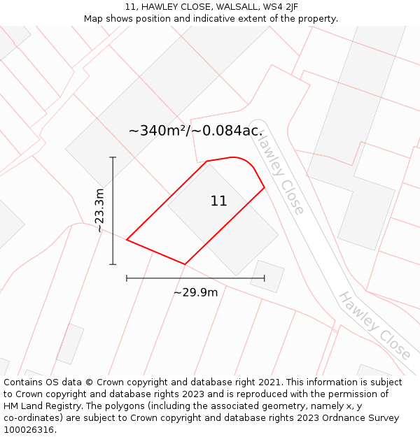 11, HAWLEY CLOSE, WALSALL, WS4 2JF: Plot and title map
