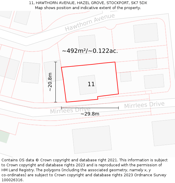 11, HAWTHORN AVENUE, HAZEL GROVE, STOCKPORT, SK7 5DX: Plot and title map