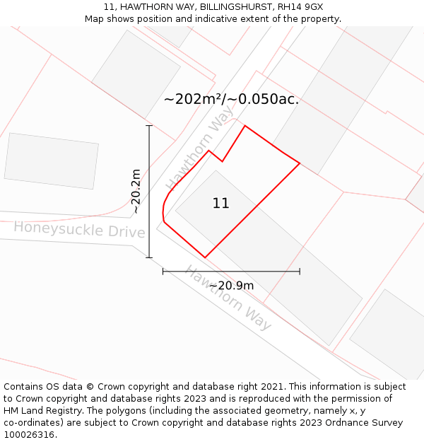 11, HAWTHORN WAY, BILLINGSHURST, RH14 9GX: Plot and title map