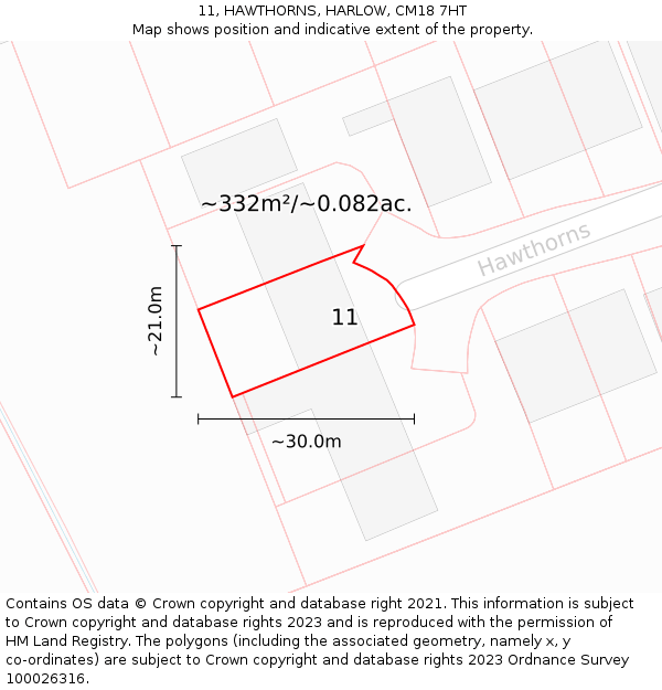 11, HAWTHORNS, HARLOW, CM18 7HT: Plot and title map