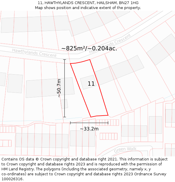 11, HAWTHYLANDS CRESCENT, HAILSHAM, BN27 1HG: Plot and title map