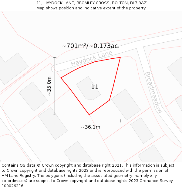 11, HAYDOCK LANE, BROMLEY CROSS, BOLTON, BL7 9AZ: Plot and title map