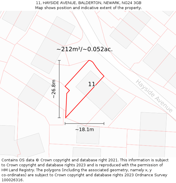 11, HAYSIDE AVENUE, BALDERTON, NEWARK, NG24 3GB: Plot and title map
