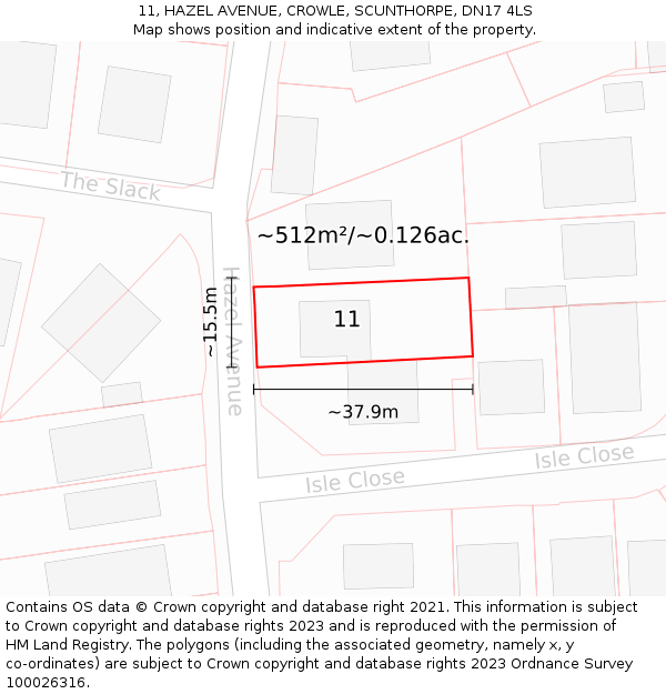 11, HAZEL AVENUE, CROWLE, SCUNTHORPE, DN17 4LS: Plot and title map