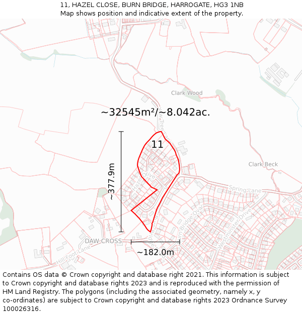 11, HAZEL CLOSE, BURN BRIDGE, HARROGATE, HG3 1NB: Plot and title map