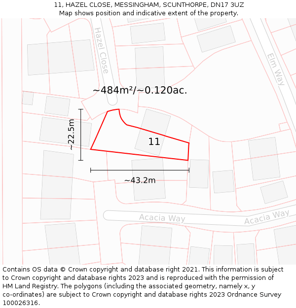 11, HAZEL CLOSE, MESSINGHAM, SCUNTHORPE, DN17 3UZ: Plot and title map