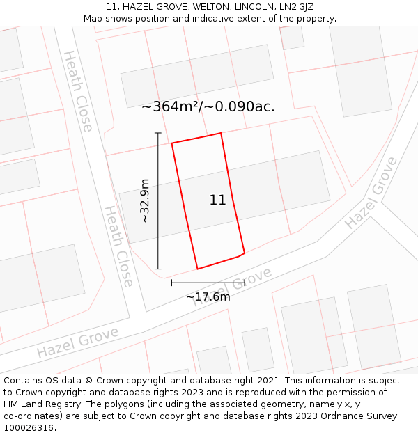 11, HAZEL GROVE, WELTON, LINCOLN, LN2 3JZ: Plot and title map