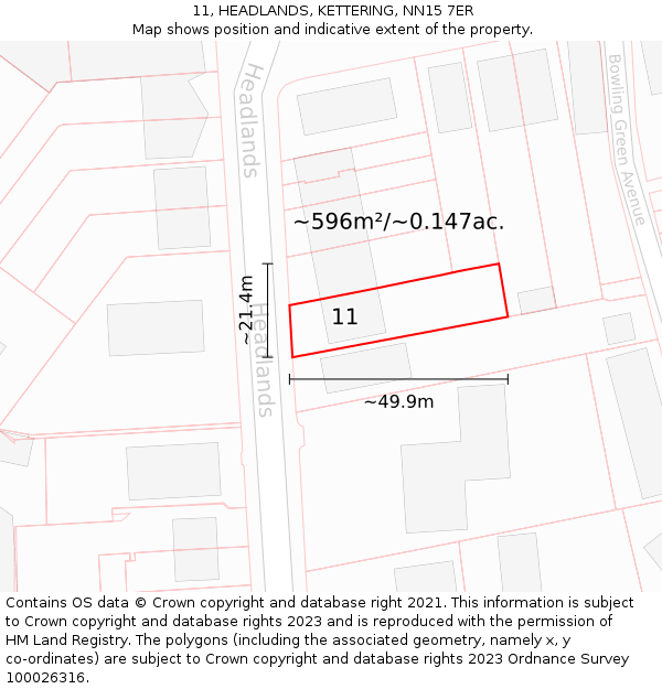 11, HEADLANDS, KETTERING, NN15 7ER: Plot and title map