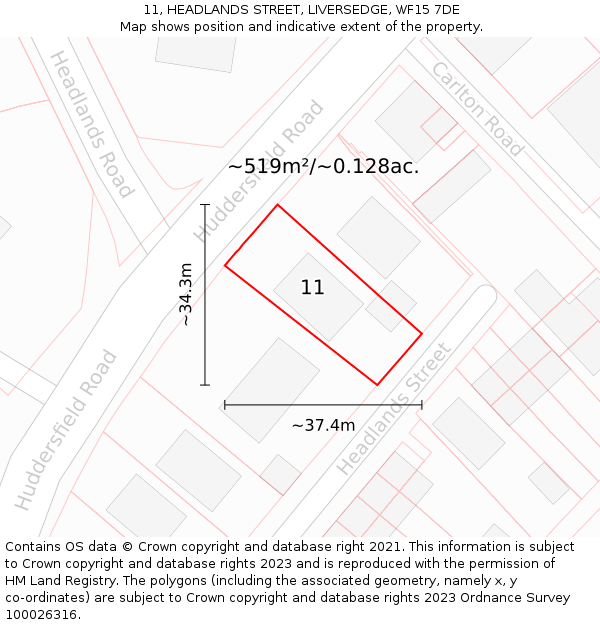 11, HEADLANDS STREET, LIVERSEDGE, WF15 7DE: Plot and title map