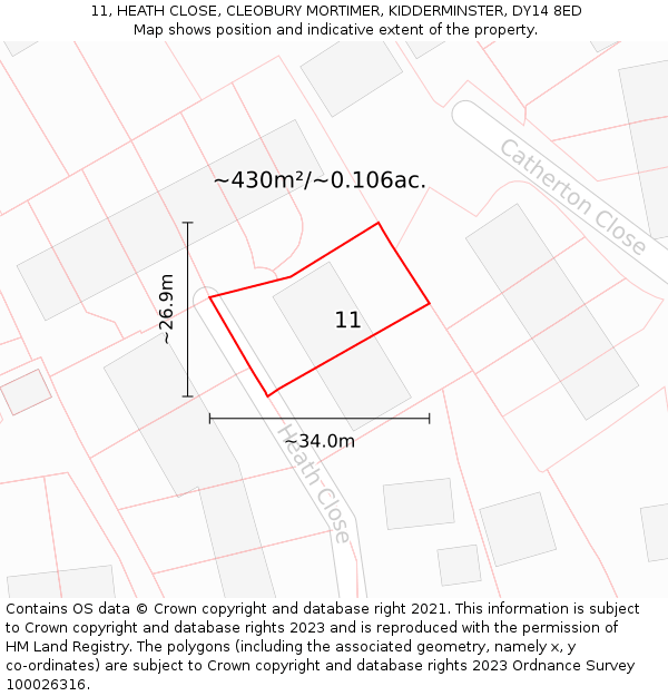 11, HEATH CLOSE, CLEOBURY MORTIMER, KIDDERMINSTER, DY14 8ED: Plot and title map