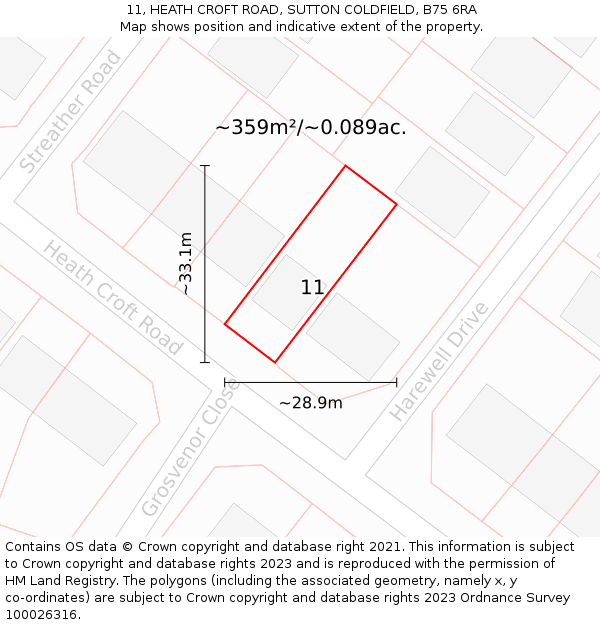 11, HEATH CROFT ROAD, SUTTON COLDFIELD, B75 6RA: Plot and title map