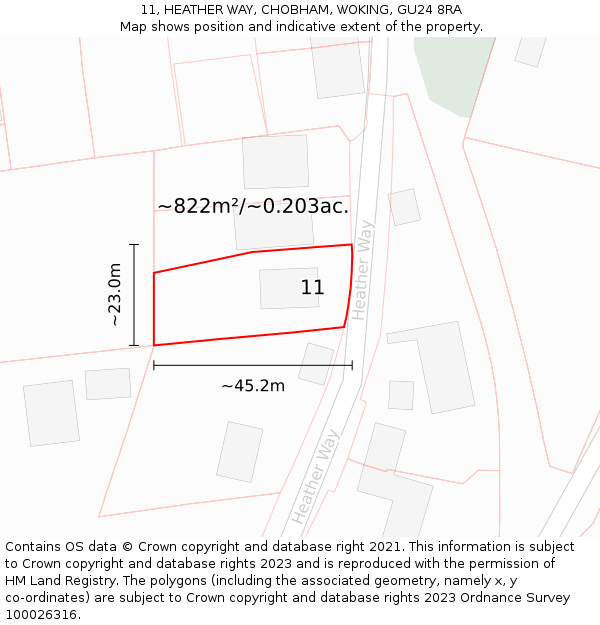 11, HEATHER WAY, CHOBHAM, WOKING, GU24 8RA: Plot and title map