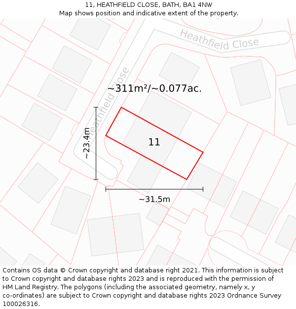 11, HEATHFIELD CLOSE, BATH, BA1 4NW: Plot and title map
