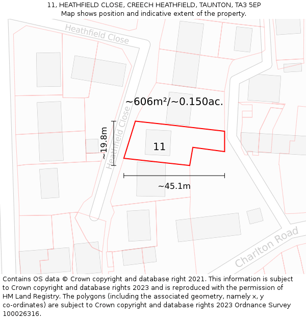 11, HEATHFIELD CLOSE, CREECH HEATHFIELD, TAUNTON, TA3 5EP: Plot and title map