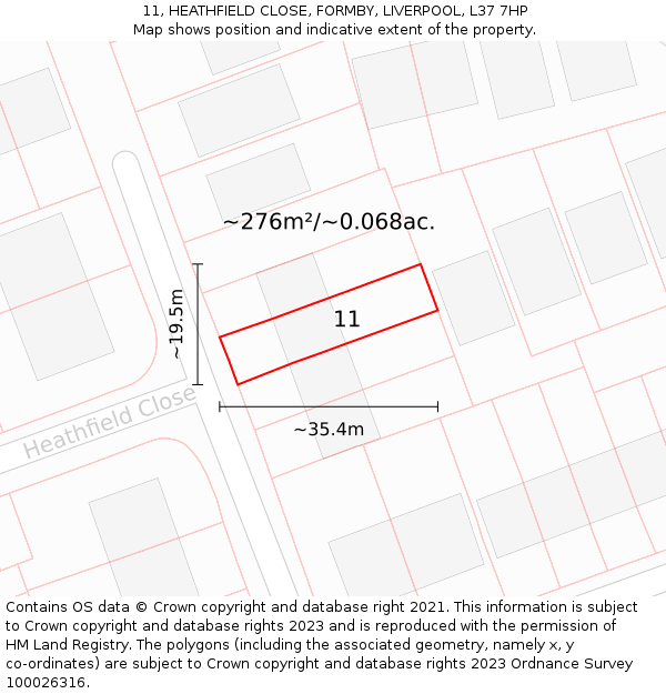 11, HEATHFIELD CLOSE, FORMBY, LIVERPOOL, L37 7HP: Plot and title map