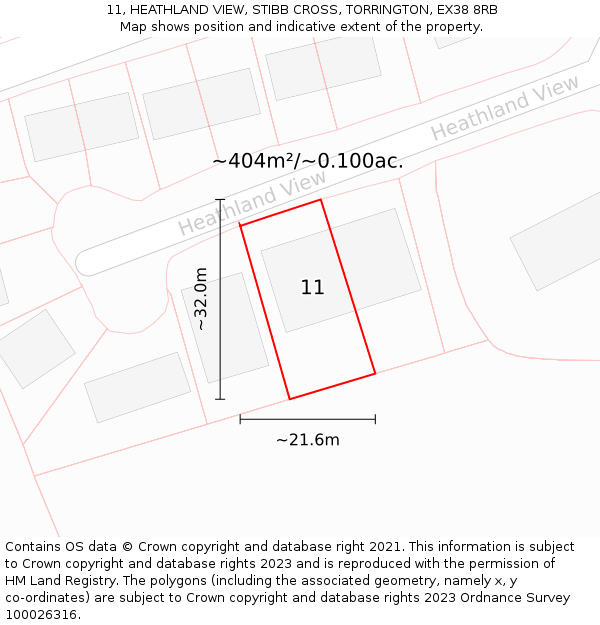 11, HEATHLAND VIEW, STIBB CROSS, TORRINGTON, EX38 8RB: Plot and title map