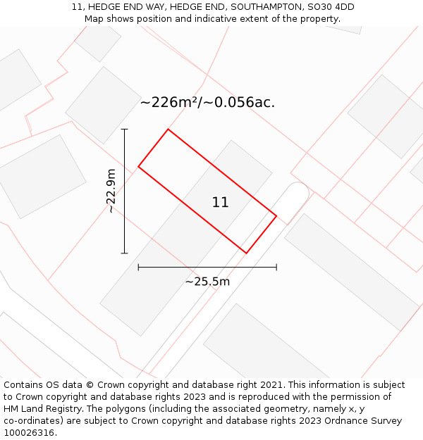 11, HEDGE END WAY, HEDGE END, SOUTHAMPTON, SO30 4DD: Plot and title map
