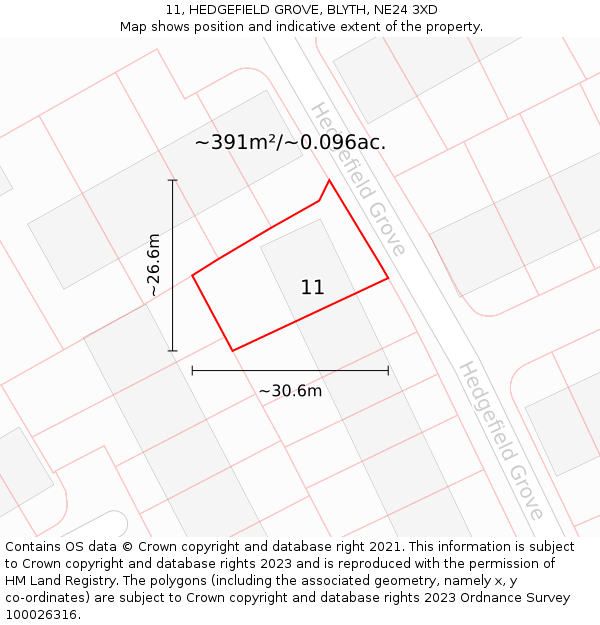 11, HEDGEFIELD GROVE, BLYTH, NE24 3XD: Plot and title map
