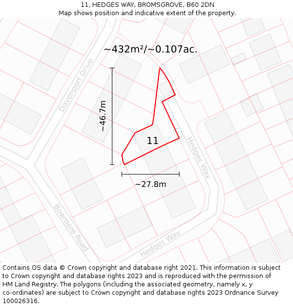 11, HEDGES WAY, BROMSGROVE, B60 2DN: Plot and title map