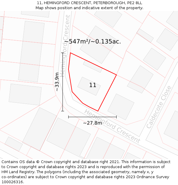 11, HEMINGFORD CRESCENT, PETERBOROUGH, PE2 8LL: Plot and title map