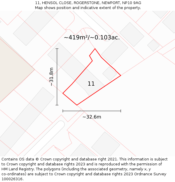 11, HENSOL CLOSE, ROGERSTONE, NEWPORT, NP10 9AG: Plot and title map
