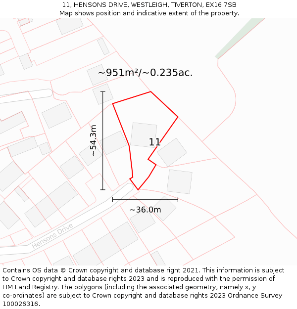 11, HENSONS DRIVE, WESTLEIGH, TIVERTON, EX16 7SB: Plot and title map