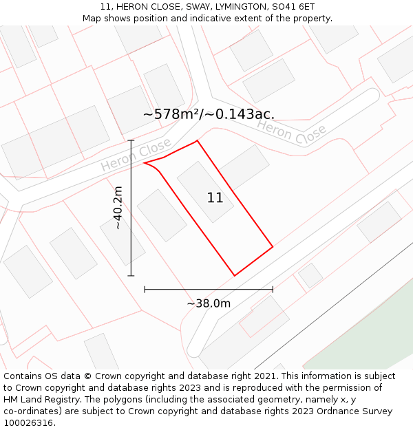 11, HERON CLOSE, SWAY, LYMINGTON, SO41 6ET: Plot and title map