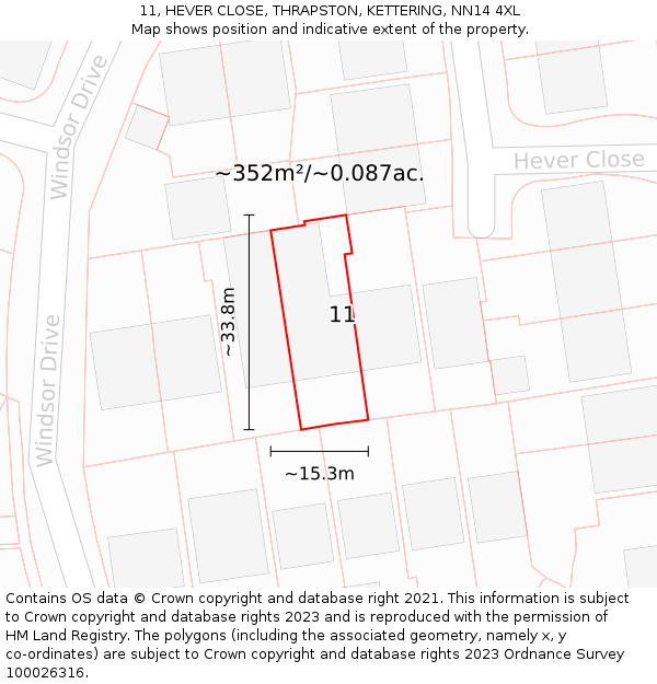 11, HEVER CLOSE, THRAPSTON, KETTERING, NN14 4XL: Plot and title map