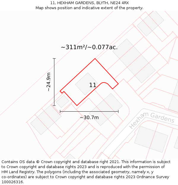 11, HEXHAM GARDENS, BLYTH, NE24 4RX: Plot and title map