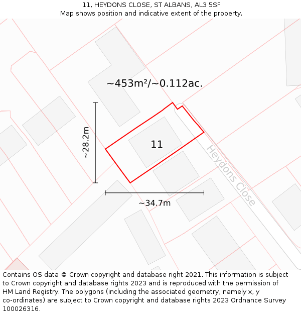 11, HEYDONS CLOSE, ST ALBANS, AL3 5SF: Plot and title map