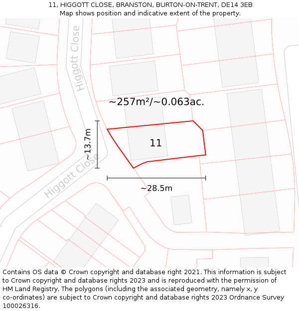 11, HIGGOTT CLOSE, BRANSTON, BURTON-ON-TRENT, DE14 3EB: Plot and title map