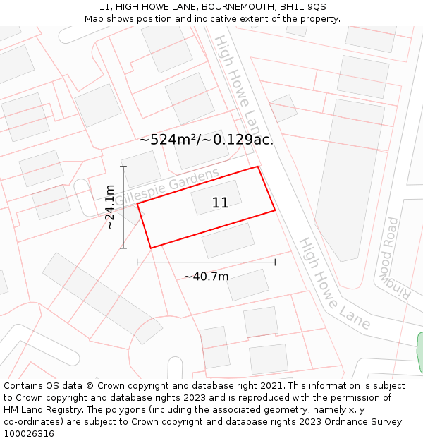 11, HIGH HOWE LANE, BOURNEMOUTH, BH11 9QS: Plot and title map