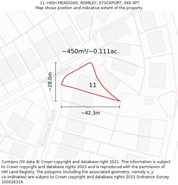 11, HIGH MEADOWS, ROMILEY, STOCKPORT, SK6 4PT: Plot and title map
