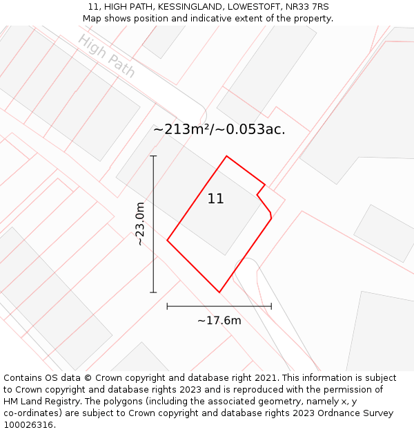 11, HIGH PATH, KESSINGLAND, LOWESTOFT, NR33 7RS: Plot and title map