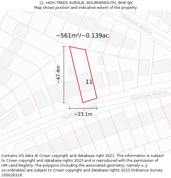 11, HIGH TREES AVENUE, BOURNEMOUTH, BH8 9JX: Plot and title map