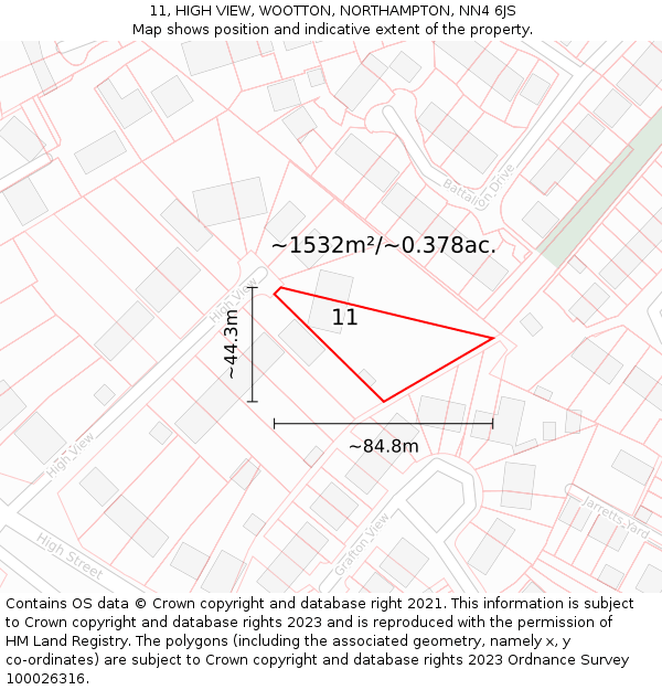 11, HIGH VIEW, WOOTTON, NORTHAMPTON, NN4 6JS: Plot and title map