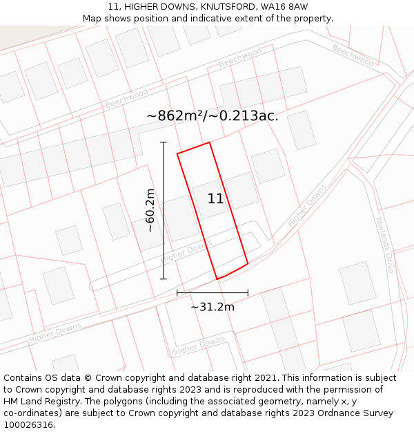 11, HIGHER DOWNS, KNUTSFORD, WA16 8AW: Plot and title map
