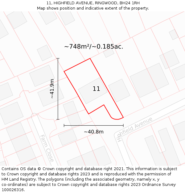 11, HIGHFIELD AVENUE, RINGWOOD, BH24 1RH: Plot and title map