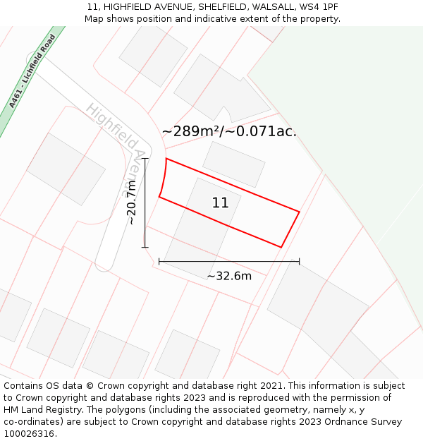 11, HIGHFIELD AVENUE, SHELFIELD, WALSALL, WS4 1PF: Plot and title map