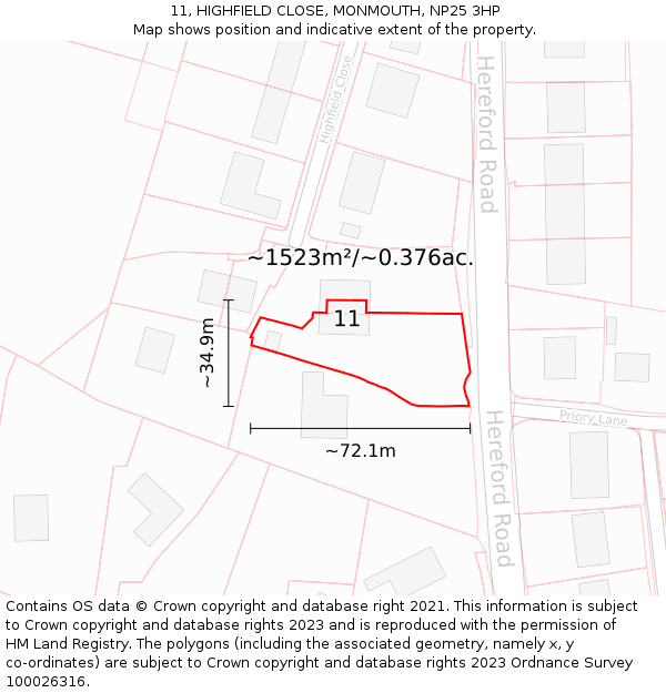 11, HIGHFIELD CLOSE, MONMOUTH, NP25 3HP: Plot and title map
