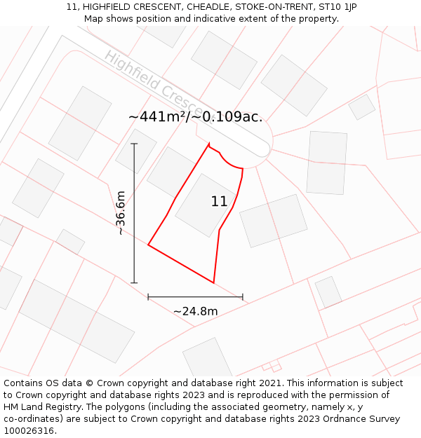 11, HIGHFIELD CRESCENT, CHEADLE, STOKE-ON-TRENT, ST10 1JP: Plot and title map