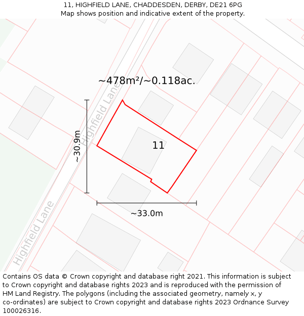 11, HIGHFIELD LANE, CHADDESDEN, DERBY, DE21 6PG: Plot and title map
