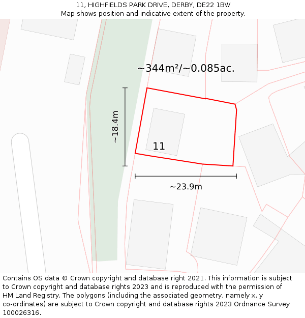 11, HIGHFIELDS PARK DRIVE, DERBY, DE22 1BW: Plot and title map
