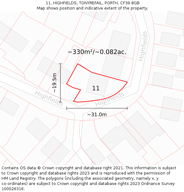 11, HIGHFIELDS, TONYREFAIL, PORTH, CF39 8GB: Plot and title map