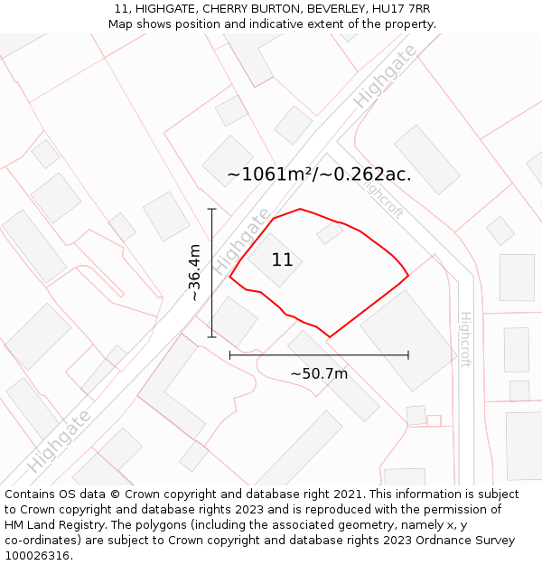 11, HIGHGATE, CHERRY BURTON, BEVERLEY, HU17 7RR: Plot and title map