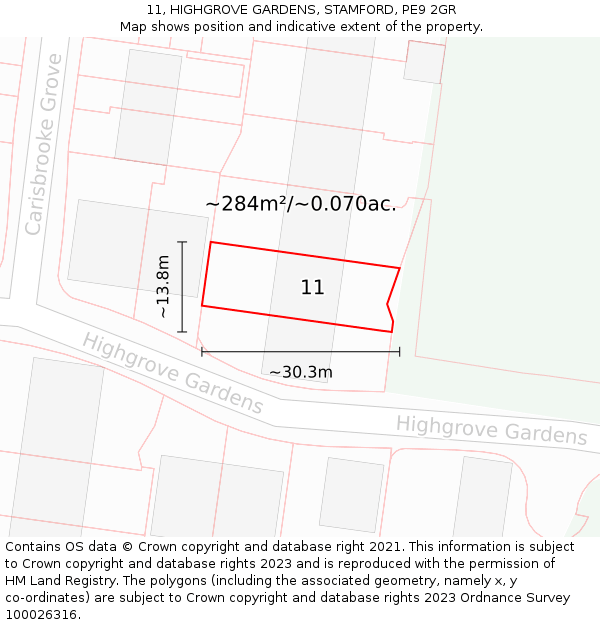 11, HIGHGROVE GARDENS, STAMFORD, PE9 2GR: Plot and title map