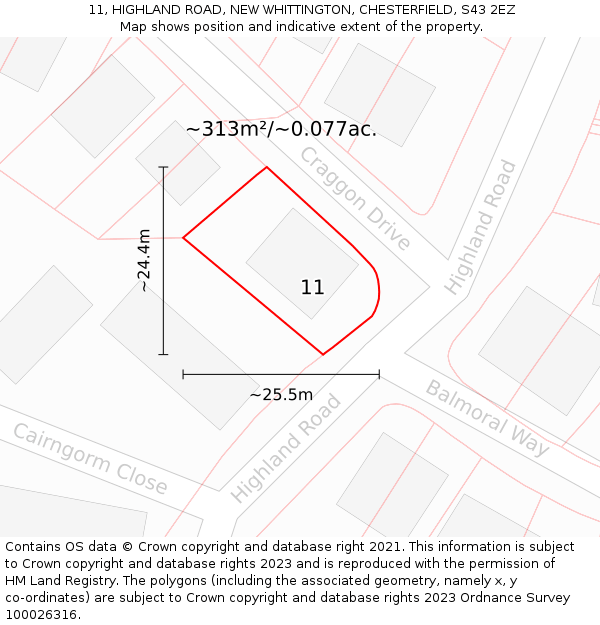 11, HIGHLAND ROAD, NEW WHITTINGTON, CHESTERFIELD, S43 2EZ: Plot and title map